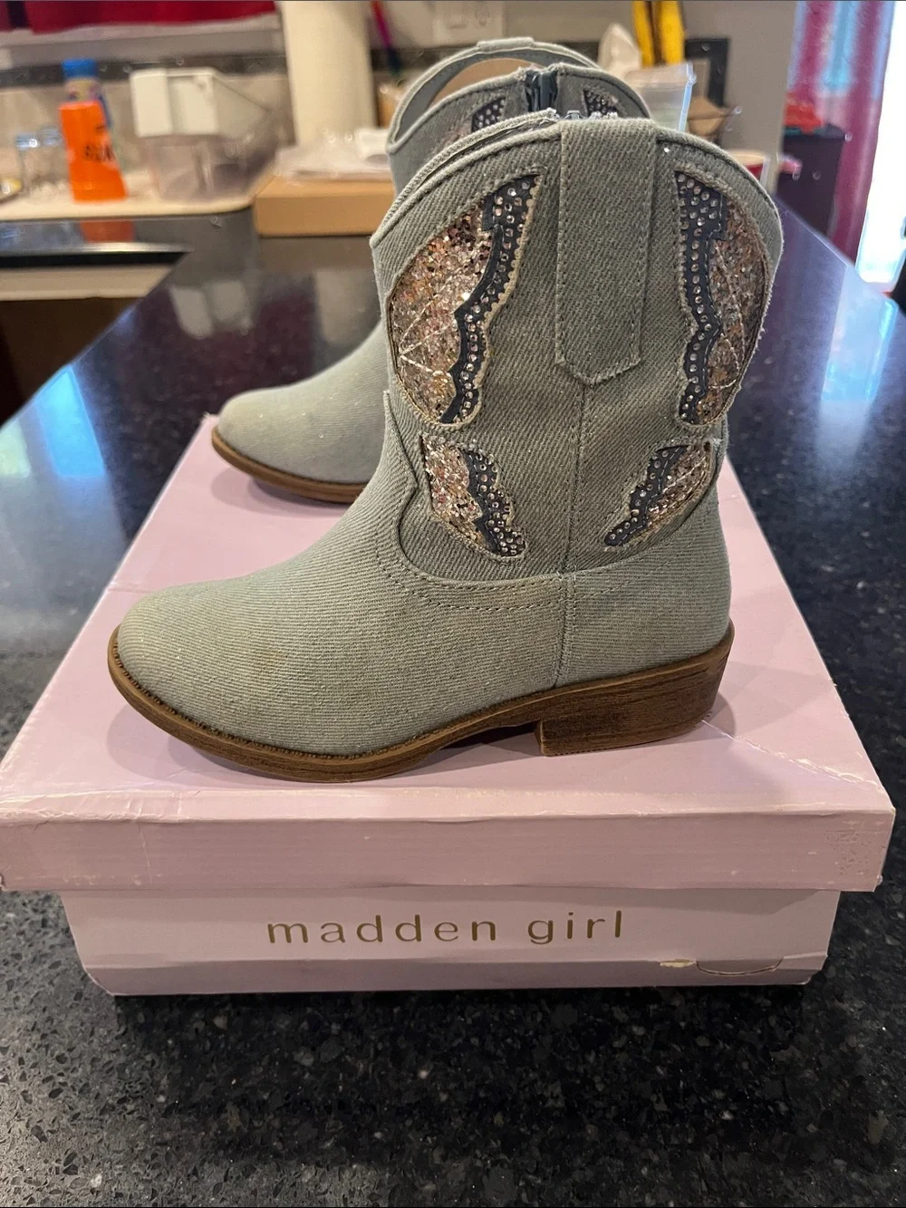 Madden Girl Light Blue Denim Kids Western Boots with Glitter Trim
